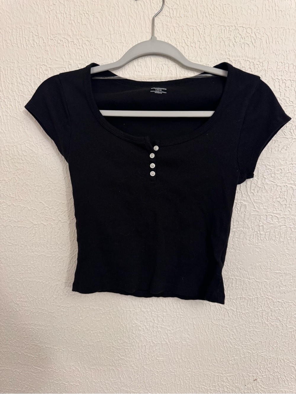 Classic Black Short Sleeve Henley Crop Top / Baby Tee - Women